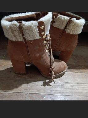 Faux Suede Lace-Up Ankle Boots with Shearling Cuff - Brown